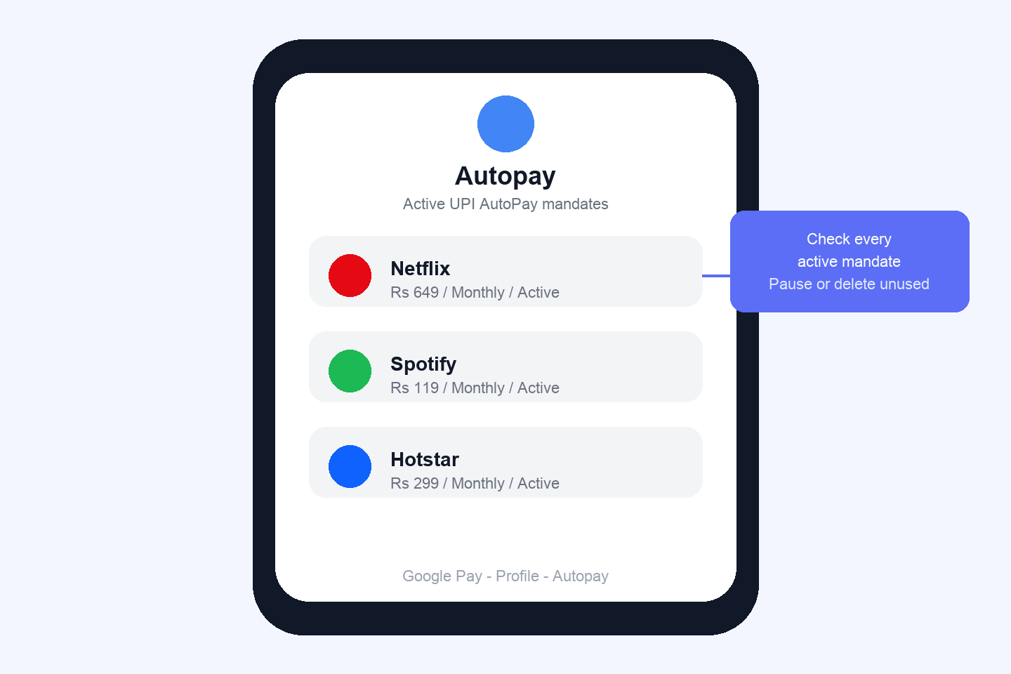 Viewing UPI AutoPay mandates in Google Pay to track subscriptions